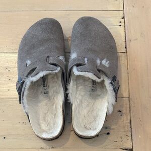 Birkenstock Gray Suede Mules with Shearling Lining